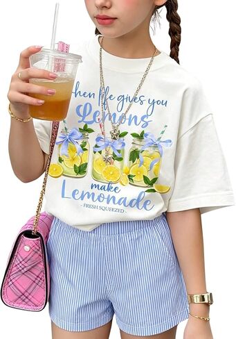 Girls Clothes Summer 2 Piece Outfits Cute Strawberry Lemon Shell Graphic Tee+ Striped Shorts Set Kids Clothing Sets in Saudi Arabia