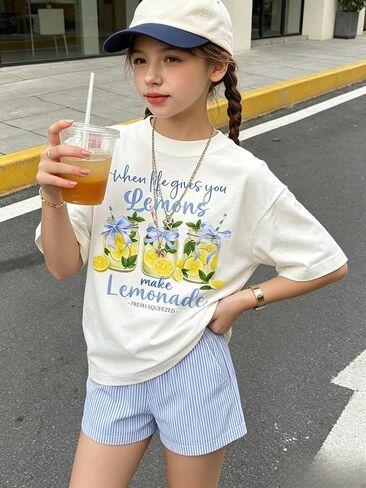 Girls Clothes Summer 2 Piece Outfits Cute Strawberry Lemon Shell Graphic Tee+ Striped Shorts Set Kids Clothing Sets in Saudi Arabia