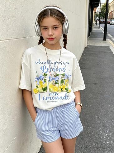 Girls Clothes Summer 2 Piece Outfits Cute Strawberry Lemon Shell Graphic Tee+ Striped Shorts Set Kids Clothing Sets in Saudi Arabia