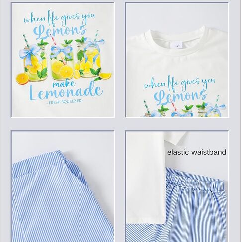 Girls Clothes Summer 2 Piece Outfits Cute Strawberry Lemon Shell Graphic Tee+ Striped Shorts Set Kids Clothing Sets in Saudi Arabia