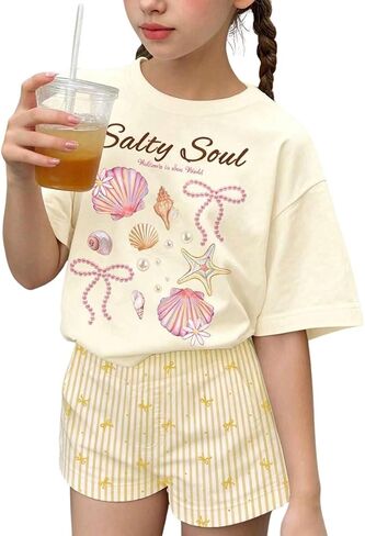 Girls Clothes Summer 2 Piece Outfits Cute Strawberry Lemon Shell Graphic Tee+ Striped Shorts Set Kids Clothing Sets in Saudi Arabia