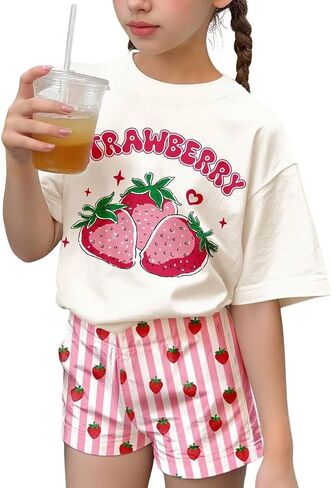 Girls Clothes Summer 2 Piece Outfits Cute Strawberry Lemon Shell Graphic Tee+ Striped Shorts Set Kids Clothing Sets in Saudi Arabia