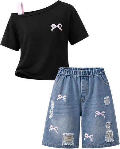 Azmxynol Tween Girl Clothes Summer 2 Piece Outfit Set Trendy Tee Shirt + Denim Shorts, Size 7-16 Years in Saudi Arabia