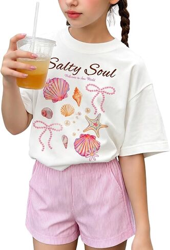 Girls Clothes Summer 2 Piece Outfits Cute Strawberry Lemon Shell Graphic Tee+ Striped Shorts Set Kids Clothing Sets in Saudi Arabia