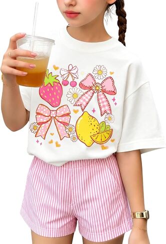 Girls Clothes Summer 2 Piece Outfits Cute Strawberry Lemon Shell Graphic Tee+ Striped Shorts Set Kids Clothing Sets in Saudi Arabia