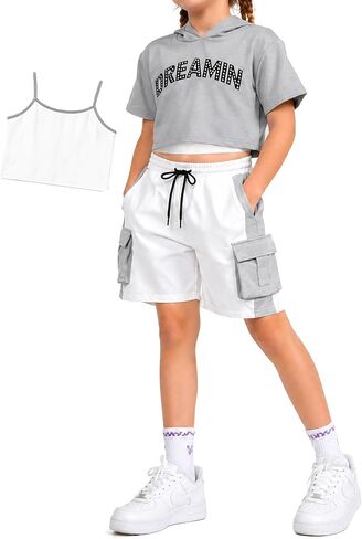 Girls 3-Piece Outfits Cotton Cami Short Sleeve Hoodie and Cargo Shorts Set Kids Streetwear 7-14 Years in Kuwait