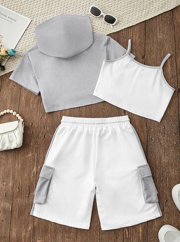 Girls 3-Piece Outfits Cotton Cami Short Sleeve Hoodie and Cargo Shorts Set Kids Streetwear 7-14 Years in Kuwait