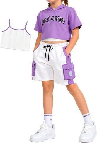 Girls 3-Piece Outfits Cotton Cami Short Sleeve Hoodie and Cargo Shorts Set Kids Streetwear 7-14 Years in Saudi Arabia