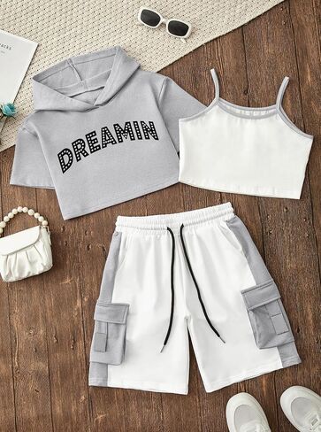 Girls 3-Piece Outfits Cotton Cami Short Sleeve Hoodie and Cargo Shorts Set Kids Streetwear 7-14 Years in Kuwait