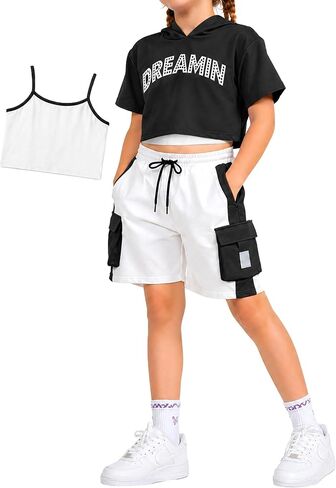 Girls 3-Piece Outfits Cotton Cami Short Sleeve Hoodie and Cargo Shorts Set Kids Streetwear 7-14 Years in Kuwait