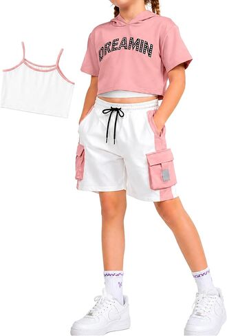 Girls 3-Piece Outfits Cotton Cami Short Sleeve Hoodie and Cargo Shorts Set Kids Streetwear 7-14 Years in Kuwait