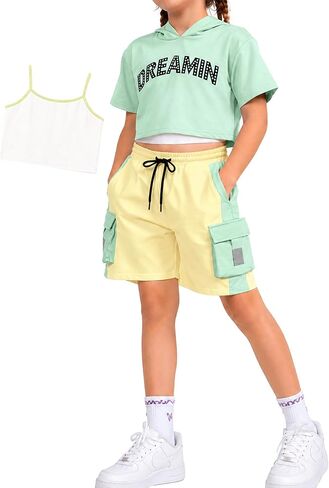 Girls 3-Piece Outfits Cotton Cami Short Sleeve Hoodie and Cargo Shorts Set Kids Streetwear 7-14 Years in Kuwait