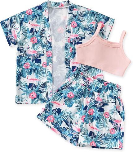 HINTINA Toddler Girl 3 Pieces Summer Outfits Cami Crop Top Tropical Print Shirt Hawaiian Shorts Set in Kuwait