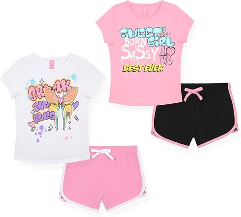 Dreamstar Girls 4 Piece Outfit Set – Sleeveless Graphic Top with Dolphin Shorts, Cute Summer Matching Set for Kids and Tweens in Saudi Arabia
