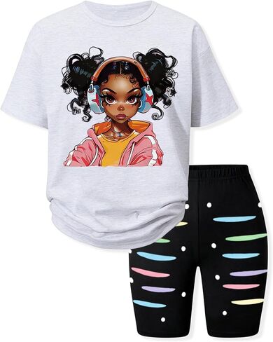 Little Girls Summer Clothes Set Trendy Short Sleeve Top +Shorts Outfits for Teens Size 6-12 Years in Kuwait