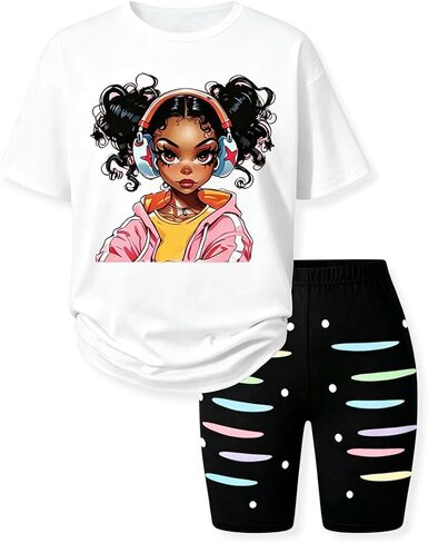 Little Girls Summer Clothes Set Trendy Short Sleeve Top +Shorts Outfits for Teens Size 6-12 Years in Kuwait