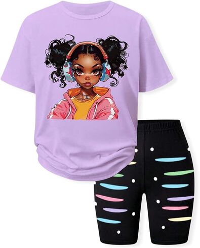 Little Girls Summer Clothes Set Trendy Short Sleeve Top +Shorts Outfits for Teens Size 6-12 Years in Kuwait