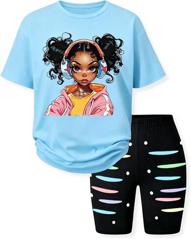 Little Girls Summer Clothes Set Trendy Short Sleeve Top +Shorts Outfits for Teens Size 6-12 Years in Kuwait