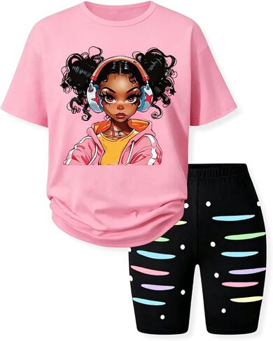 Little Girls Summer Clothes Set Trendy Short Sleeve Top +Shorts Outfits for Teens Size 6-12 Years in Kuwait