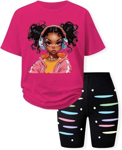 Little Girls Summer Clothes Set Trendy Short Sleeve Top +Shorts Outfits for Teens Size 6-12 Years in Kuwait