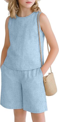 Girls Outfits Summer 2 Piece Linen Sets Sleeveless Tank Tops Elastic Waist Shorts Pockets Teens Kids Clothes 5-14Y in Saudi Arabia