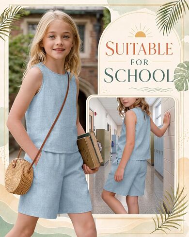 Girls Outfits Summer 2 Piece Linen Sets Sleeveless Tank Tops Elastic Waist Shorts Pockets Teens Kids Clothes 5-14Y in Saudi Arabia