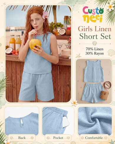 Girls Outfits Summer 2 Piece Linen Sets Sleeveless Tank Tops Elastic Waist Shorts Pockets Teens Kids Clothes 5-14Y in Saudi Arabia