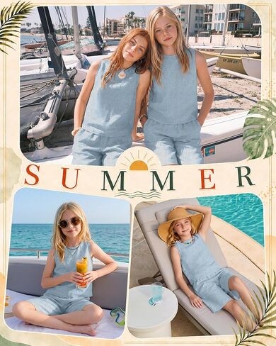 Girls Outfits Summer 2 Piece Linen Sets Sleeveless Tank Tops Elastic Waist Shorts Pockets Teens Kids Clothes 5-14Y in Saudi Arabia