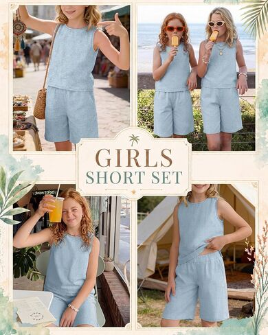 Girls Outfits Summer 2 Piece Linen Sets Sleeveless Tank Tops Elastic Waist Shorts Pockets Teens Kids Clothes 5-14Y in Saudi Arabia