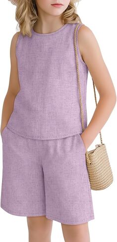 Girls Outfits Summer 2 Piece Linen Sets Sleeveless Tank Tops Elastic Waist Shorts Pockets Teens Kids Clothes 5-14Y in Kuwait