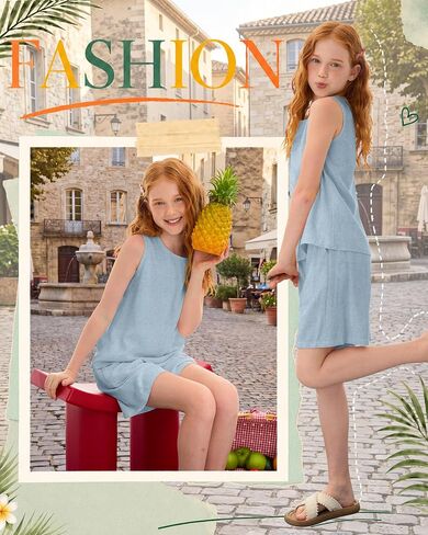 Girls Outfits Summer 2 Piece Linen Sets Sleeveless Tank Tops Elastic Waist Shorts Pockets Teens Kids Clothes 5-14Y in Saudi Arabia