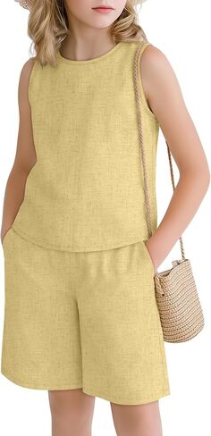 Girls Outfits Summer 2 Piece Linen Sets Sleeveless Tank Tops Elastic Waist Shorts Pockets Teens Kids Clothes 5-14Y in Saudi Arabia