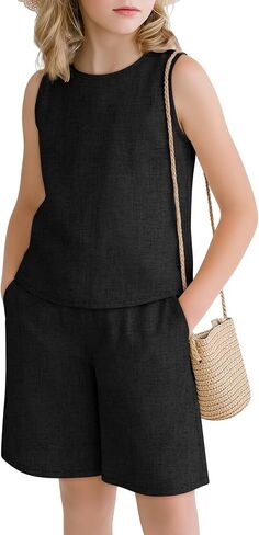 Girls Outfits Summer 2 Piece Linen Sets Sleeveless Tank Tops Elastic Waist Shorts Pockets Teens Kids Clothes 5-14Y in Saudi Arabia