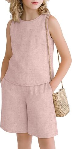 Girls Outfits Summer 2 Piece Linen Sets Sleeveless Tank Tops Elastic Waist Shorts Pockets Teens Kids Clothes 5-14Y in Saudi Arabia