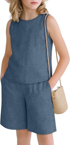 Girls Outfits Summer 2 Piece Linen Sets Sleeveless Tank Tops Elastic Waist Shorts Pockets Teens Kids Clothes 5-14Y in Saudi Arabia