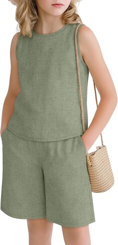 Girls Outfits Summer 2 Piece Linen Sets Sleeveless Tank Tops Elastic Waist Shorts Pockets Teens Kids Clothes 5-14Y in Saudi Arabia