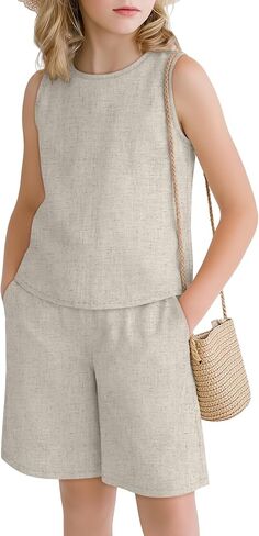 Girls Outfits Summer 2 Piece Linen Sets Sleeveless Tank Tops Elastic Waist Shorts Pockets Teens Kids Clothes 5-14Y in Saudi Arabia