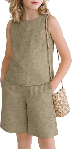 Girls Outfits Summer 2 Piece Linen Sets Sleeveless Tank Tops Elastic Waist Shorts Pockets Teens Kids Clothes 5-14Y in Saudi Arabia