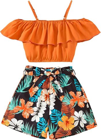 SHENHE Girl's Summer 2 Piece Outfits Cold Shoulder Ruffle Crop Top and Tropical Belted Shorts Set in Kuwait