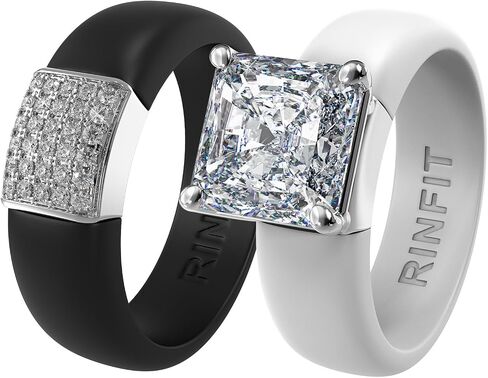 Rinfit Silicone Rings for Her - Rubber Wedding Bands with Cubic Zirconia Stones - Princess Glowstone White/Silver & Gemstone Black/Silver, Size 9 in Kuwait