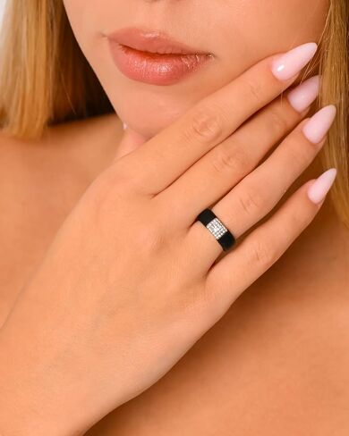 Rinfit Silicone Rings for Her - Rubber Wedding Bands with Cubic Zirconia Stones - Princess Glowstone White/Silver & Gemstone Black/Silver, Size 9 in Kuwait