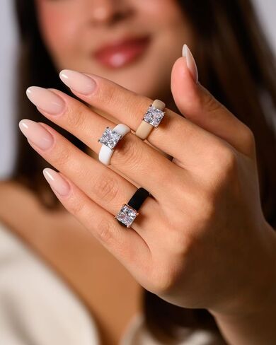 Rinfit Silicone Rings for Her - Rubber Wedding Bands with Cubic Zirconia Stones - Princess Glowstone White/Silver & Gemstone Black/Silver, Size 9 in Kuwait