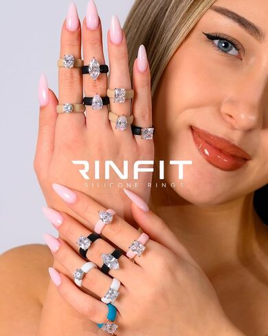 Rinfit Silicone Rings for Her - Rubber Wedding Bands with Cubic Zirconia Stones - Princess Glowstone White/Silver & Gemstone Black/Silver, Size 9 in Kuwait