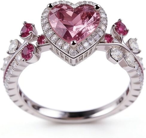 925 Sterling Silver Ring for Women,Pink Heart Cut Cubic Zirconia Promise Engagement Love Halo Rings Dainty Silver Leaf Jewelry Gift for Women Wedding Anniversary Graduation Size:6-10 in Kuwait