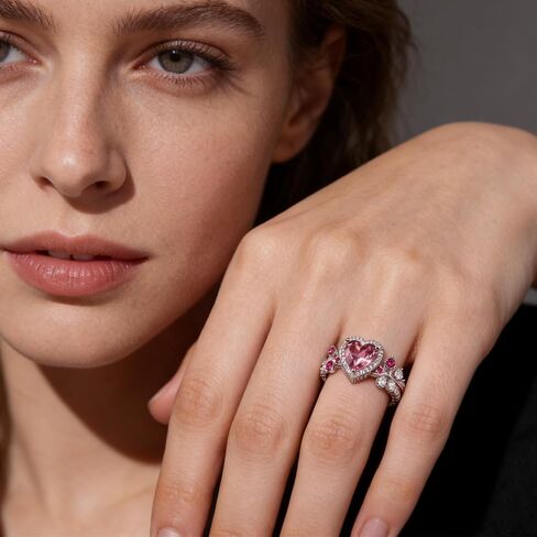 925 Sterling Silver Ring for Women,Pink Heart Cut Cubic Zirconia Promise Engagement Love Halo Rings Dainty Silver Leaf Jewelry Gift for Women Wedding Anniversary Graduation Size:6-10 in Kuwait
