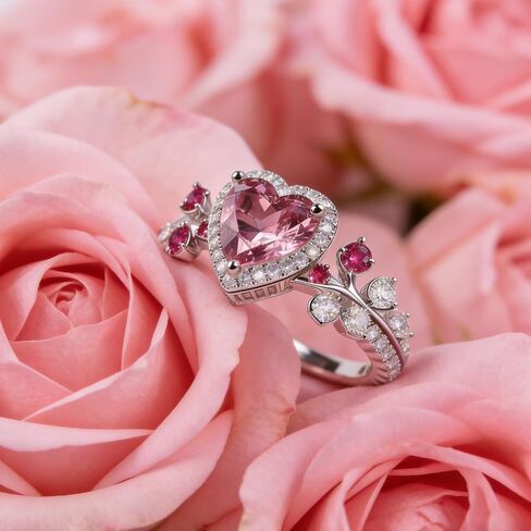 925 Sterling Silver Ring for Women,Pink Heart Cut Cubic Zirconia Promise Engagement Love Halo Rings Dainty Silver Leaf Jewelry Gift for Women Wedding Anniversary Graduation Size:6-10 in Kuwait