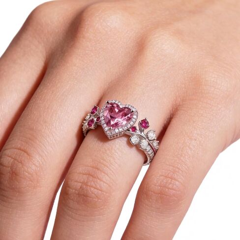 925 Sterling Silver Ring for Women,Pink Heart Cut Cubic Zirconia Promise Engagement Love Halo Rings Dainty Silver Leaf Jewelry Gift for Women Wedding Anniversary Graduation Size:6-10 in Kuwait