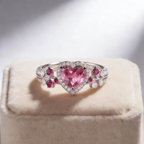 925 Sterling Silver Ring for Women,Pink Heart Cut Cubic Zirconia Promise Engagement Love Halo Rings Dainty Silver Leaf Jewelry Gift for Women Wedding Anniversary Graduation Size:6-10 in Kuwait
