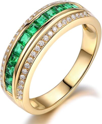 Kardy Natural Emerald Gemstone Princess Cut Solid 14K Yellow Gold Wedding Emerald Diamond Band Ring Set for Women in Saudi Arabia