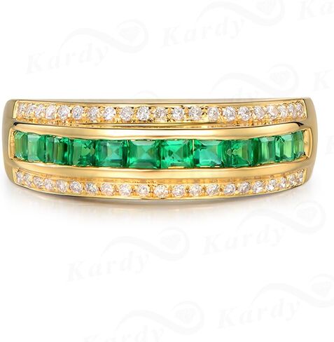 Kardy Natural Emerald Gemstone Princess Cut Solid 14K Yellow Gold Wedding Emerald Diamond Band Ring Set for Women in Saudi Arabia